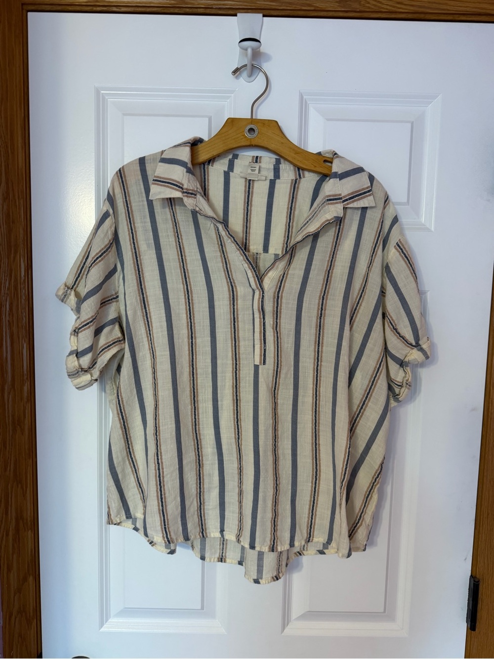 a.n.a Striped V-Neck Roll-Sleeve Blouse in Cream, Blue & Tan
